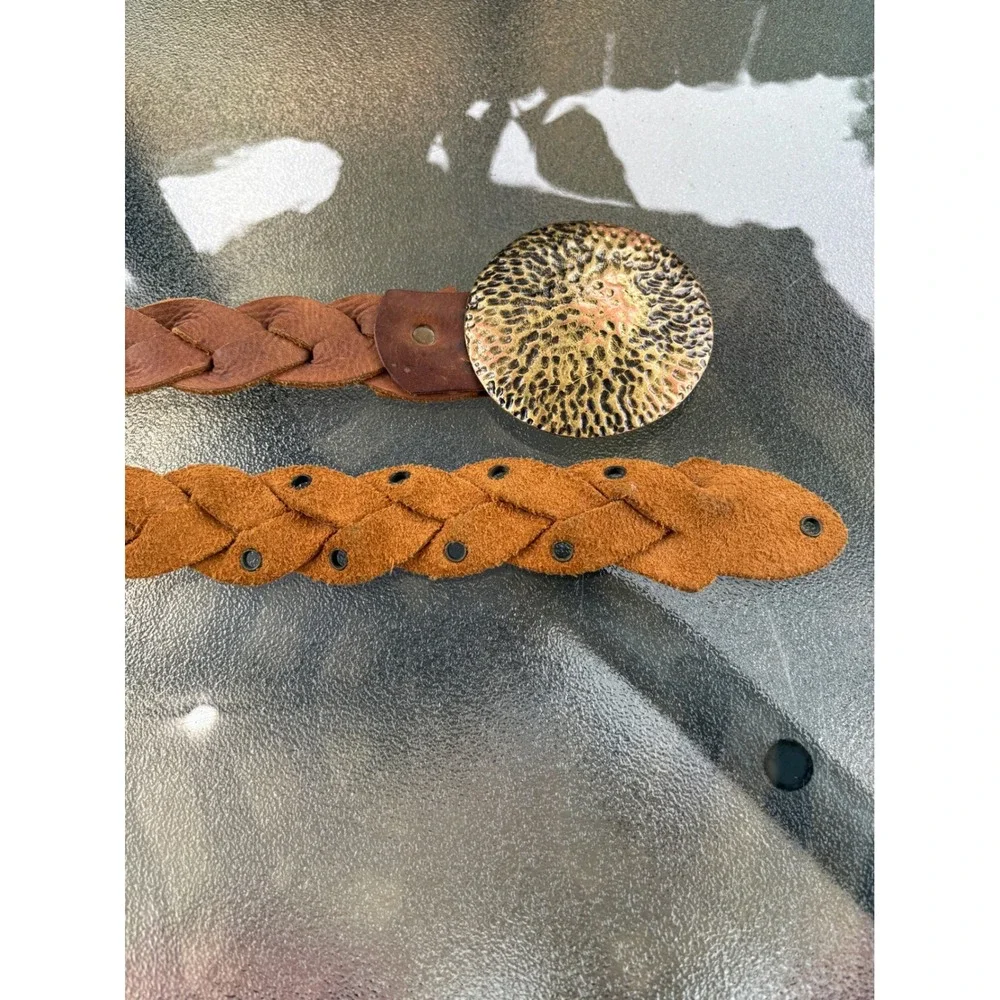 Braided Brown Leather Belt Oversized Hammered Gold‎ Buckle Boho Small